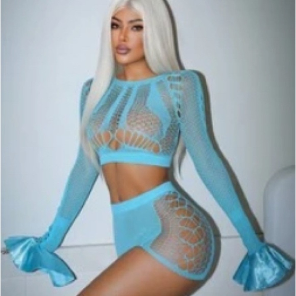 Blue Sheer Lace Knit Two-Piece Intimate Set